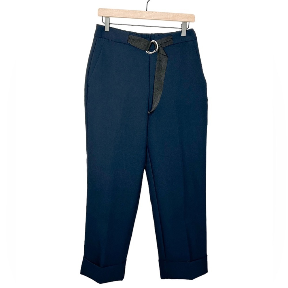 ZARA Womens High Waist Pull On Belted‎ Crop Trouser Pants Navy Blue Medium M